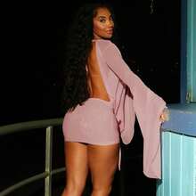 New Women's Dress Mesh V-Neck Long Sleeve Backless A-Line Short Dress - Pink1 - 查看 2