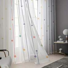 两片波点条纹薄纱窗帘，以半透明的白色背景衬托出彩色条纹和几何波点图案。这款薄纱面料非常适合卧室/游戏室。杆袋式设计营造出现代而充满活力的装饰效果。 - 彩色 - 查看 7