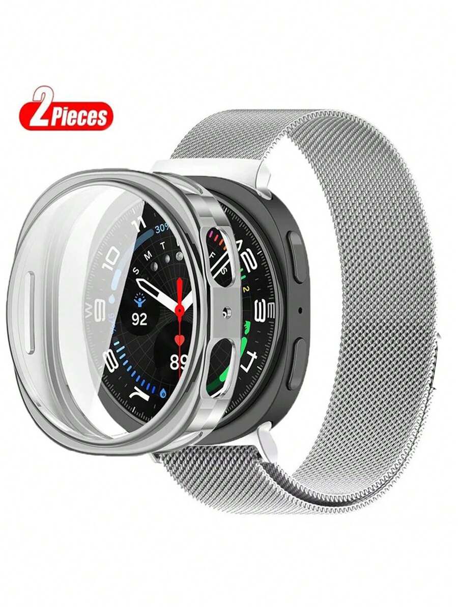 2pcs/Set Luxury Silver Stainless Steel Milanese Loop Mesh Watch Band With Strong Magnetic Closure & Integrated PC Protective Bumper Case With Built-In Hardness Tempered Glass Screen Protector Set Compatible With Samsung Galaxy Watch 8 40mm 44mm - Silver - View 1
