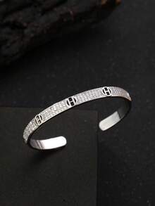 1pc Luxury Sparkling Zirconia Hollow Geometric Letter Minimalist Open Bangle Bracelet, Versatile For Daily, Party, Wedding, Summer, Suitable As Eid/Eid Al-Fitr Gift - Bracelet - View 8