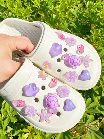 18 件装紫色海龟、海星、花朵鞋饰，可拆卸鞋饰，适用于带孔鞋子，例如拖鞋、凉鞋、沙滩鞋、花园鞋等。