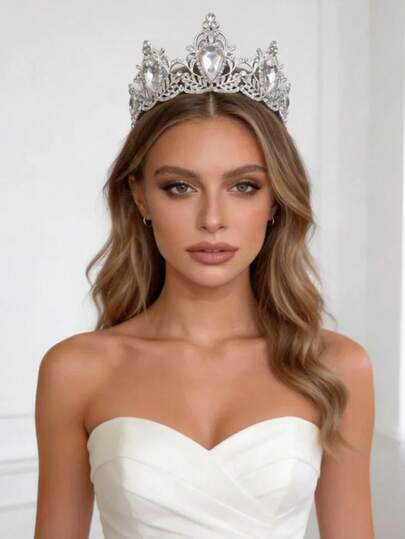 1pc Elegant Crystal Crown Bridal Headpiece, Wedding Tiara Headband For Women, Queen Pageant Party Prom Hair Accessory