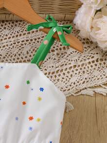 Young Girls' Butterfly Print Spaghetti Strap Bow Waist Cute Vacation Style Dress, Spring/Summer - White - View 4