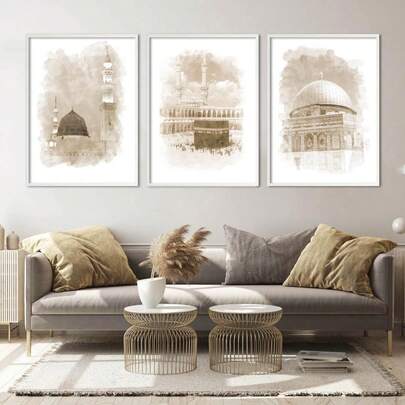 3pcs/Set LACETS Islamic Wall Art Beige Canvas Painting Mosque Architecture Posters Muslim Prints Vintage Pictures Living Room Home Decor-No Framed