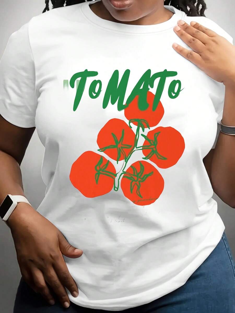 Plus Size Women's T-Shirt Tomato Graphic Print Summer Garden Theme Perfect For Casual Wear Outdoor Activities And Everyday Comfort Round Neck Design Stylish And Versatile Machine Washable Suitable For All Seasons - 白色 - 查看 1