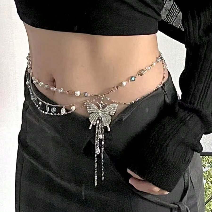 1pc European And American Minimalist Butterfly Tassel Multi-Layer Beaded Waist Chain, Unique Elegant Fashionable Elegant Sexy Waist Chain, Women's Holiday Gift Party Jewelry - Multicolor - View 1