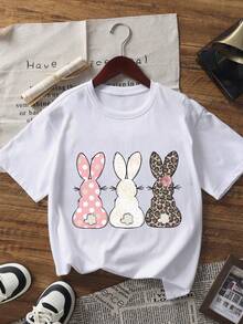 1 chiếc áo thun ngắn tay in hình thỏ dễ thương dành cho bé gái tuổi teen, áo mùa hè cho học sinh. - trắng - Xem 4