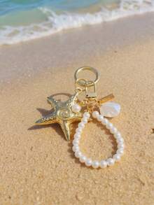 1pc Gold Starfish And Bead Pearl Shell Keychain, Y2k Cute And Simple Fashion Bead Pearl Shell Bag Pendant,Sea Star, Sweet Cool Hottie, Ins Style, Large Pendant, Silver Spring Clasp, Car Keychain, Personalized Gift For Backpacks, Handbags, Door Keys, Cell Phone Accessories, Suitable For Dating, Vacation, Beach, Commuting, Work And Daily Use, Perfect Wedding Gift And Valentine's Day Gift - 1 - Xem 3