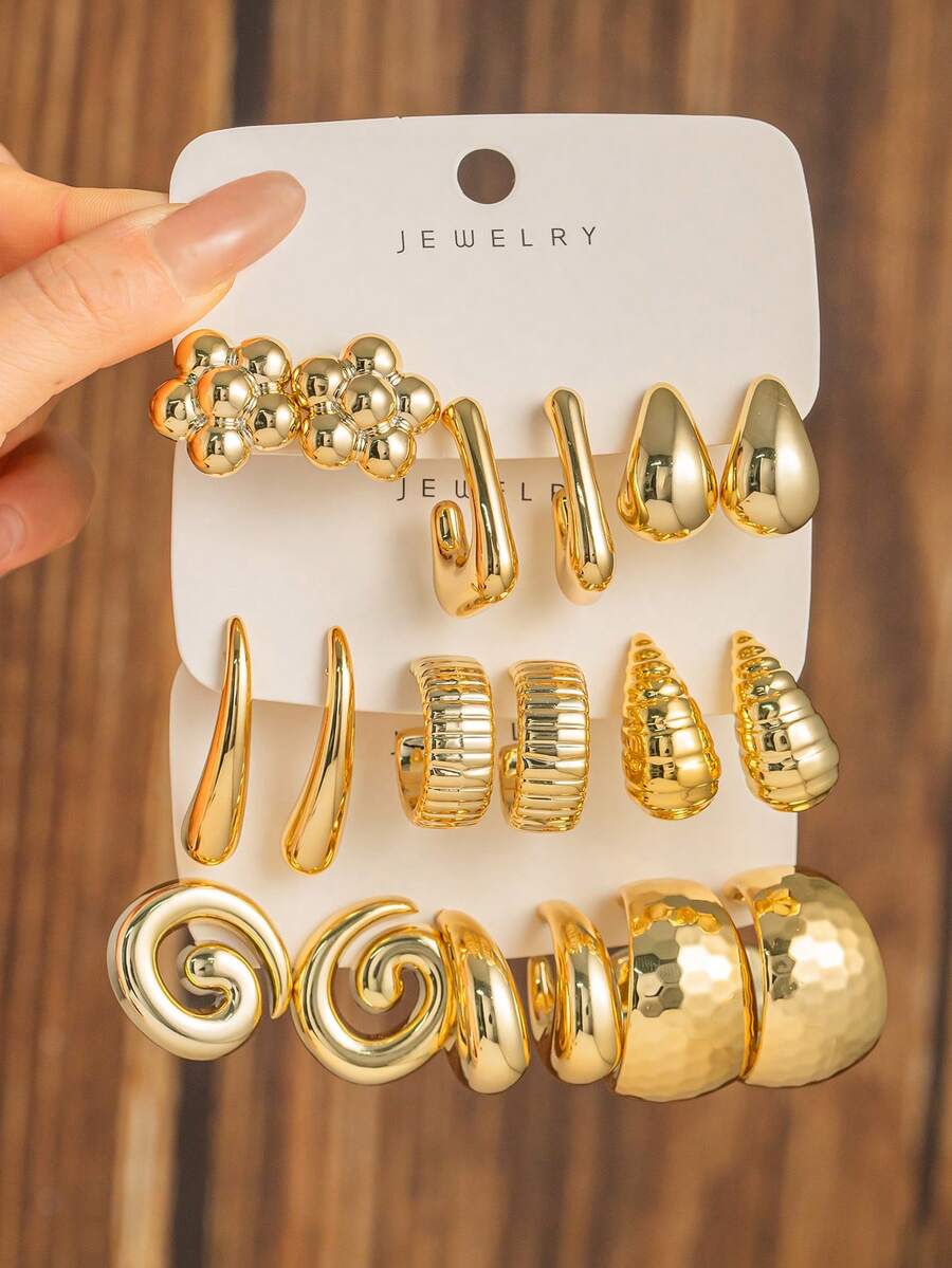 6-18pcs Gold Tone Elegant Earring Set, Including Teardrop, Sparkle, Textured Wide C-Shaped Designs, Suitable For Daily Wear And Parties, Great Gift For Mom Or Best Friend - Gold - View 1