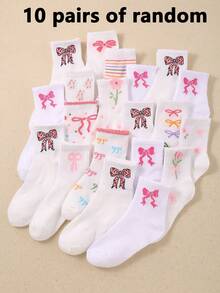 5/10/20 Pairs Girls White Knee High & Ankle Socks With Bow, Floral, Striped Designs, Breathable Soft Mesh, Suitable For 1-16 Years Old Children - Multicolor - View 14