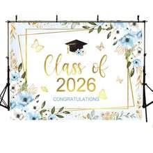 1pc Class Of 2026 Congratulations Banner Backdrop Floral Congrats Grad Photography Background Pastel Butterfly Graduation Party Decor Gold Confetti Prom 2026 Party Banner Photo Booth Props - Style2 - View 6