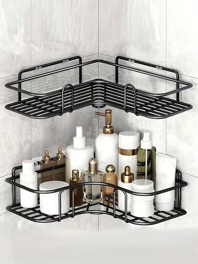 1/2件装三角形壁挂式收纳架，免打孔浴室置物架，带挂钩淋浴置物架，适用于水槽附近壁挂安装，浴室装饰配件，实用置物架