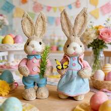 Easter Bunny Decoration Cute Straw Rabbit Figurines Table Centerpiece For Home Farmhouse Holiday Spring Party Tiered Tray Decor - 天藍 - 查看 1