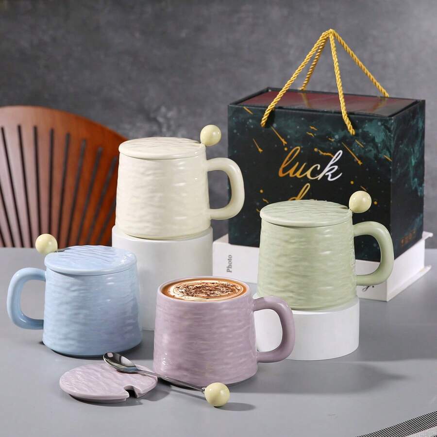 1pc Rock Ceramic Mug With Lid & Spoon, Gift Box, Luxury Style Daily Use Mug, Suitable For Leaders, Friends, Minimalist Cup - Multicolor - View 1