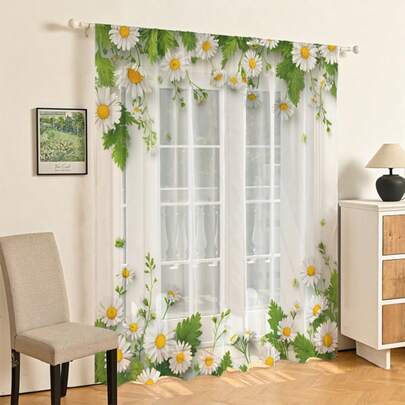 2 片雏菊印花薄纱窗帘，饰有白色雏菊和绿色叶子，2D 平面印花，适用于客厅、卧室、厨房和餐厅，是春夏装饰的完美之选。