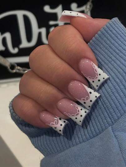 24 piezas Uñas postizas con ojos de gato, estilo francés corto, con lunares blancos lindos y brillos, adecuadas para uso diario