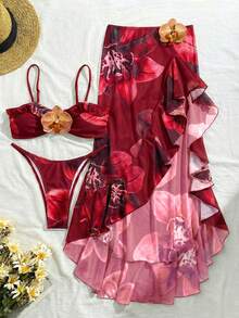 3件套女士印花优雅性感露背系带3D花朵裙比基尼套装，适合海滩和度假穿着，春夏度假红色 - 紅色 - 查看 3
