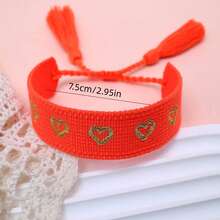1pc Handmade Embroidered Heart Adjustable Braided Tassel Beach Boho Style Bracelet, Suitable As Gift For Friends, Family, Party, Wedding - Orange - View 6