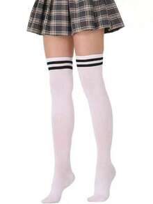 1 par de meias femininas listradas em preto e branco até a coxa, confortáveis e elásticas, ideais para todas as estações, meias estilosas até a panturrilha, perfeitas para apresentações de palco, festas, looks sensuais para balada, fantasias de empregada doméstica, estilo anos 2000, confortáveis. - Branco - Ver 3