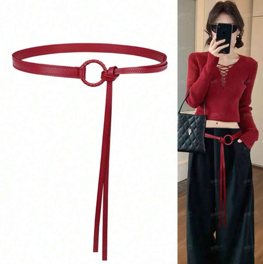 New Vintage Red Leather Belt For Women, Decorative Accessory For Jeans And Skirts, Fashionable Slim Waist Belt And Waist Chain, Cross-Border - 黑色 - 查看 1