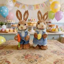 Easter Bunny Decoration Cute Straw Rabbit Figurines Table Centerpiece For Home Farmhouse Holiday Spring Party Tiered Tray Decor - 海軍藍色 - 查看 1