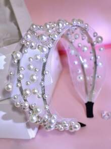 1pc Elegant White Pearl Headband, Fashionable Minimalist Mesh Hollow Wide Hairband, Suitable For Bride, Wedding, Celebration, Date, Outing, Holiday Party, Gift, Casual Wear - White - View 5
