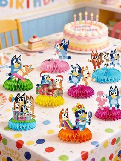 Bluey Party Honeycomb Centerpieces - 9pcs 3D Cartoon Themed Table Decorations | Featuring Bluey & Family Characters In Vibrant Colors | Perfect For Birthday Parties, Themed Celebrations & Dessert Table Displays | Ideal As Photo Booth Props & Festive Focal Points To Elevate Any Bluey Themed Party Supplies
