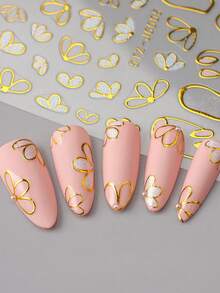 2片闪亮粉色花瓣春季美甲贴纸，金色边框，镂空花朵美甲贴花，婚礼美甲用品，DIY节日美甲饰品装饰 - 彩色 - 查看 4