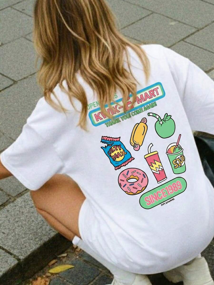 Kwik-E-Mart 女士常规版型复古卡通图案T恤，舒适美观的粉色甜甜圈短袖上衣，独特的圆领设计，趣味十足，充满Pinterest风格，酷女孩休闲白色夏季款 - 白色 - 查看 1