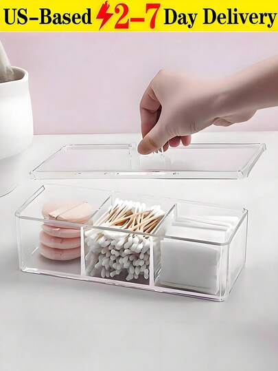 [Delivery Within 2-7 Days In The United States]Transparent 3-Compartment Cotton Ball And Swab Organizer With Lid, Dust-Proof Design. Waterproof Bathroom Storage Container, Makeup Organizer, Bathroom Container, Transparent Acrylic Desk Organizer, Makeup Box, Cosmetic Storage For Bedroom Vanity Or Bathroom Countertop. Bathroom Jar, Cotton Pad Storage, Bathroom Vanity, Workbench Storage. Fully Transparent Three-Compartment Design, Dustproof And Waterproof. Organizes Cotton Pads, Cotton Swabs, Hair Ties, And Other Beauty Essentials. Also Ideal For Office Desk Organization To Save Counter Space. Made From High-Quality Plastic Material, Odor-Free, Sturdy, And Durable.