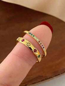 2pcs Minimalist Elegant Metal Plain Rings With & Moon Colorful Cubic Zirconia, Valentine's Day Couples Accessories, Everyday Wear - Vàng - Xem 6