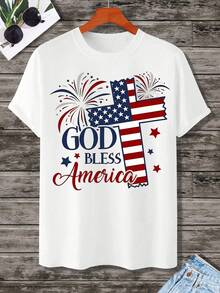 ta Patriótica con Bandera de Cruz "God Bless America" para Celebración del Día de la Independencia del 4 de Julio, Unisex, Diseño de Estrellas Rojas, Blancas y Azules con Fuegos Artificiales - Blanco - Ver 2