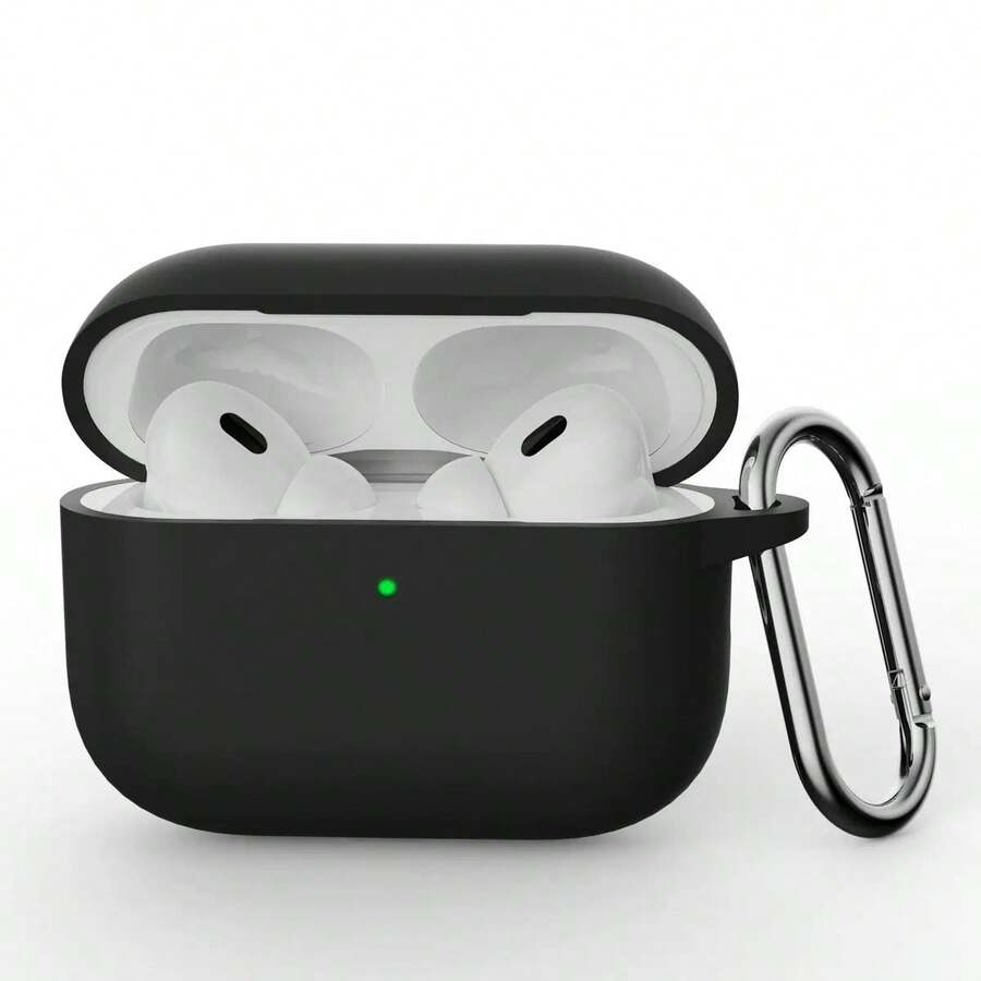 Funda protectora de silicona de unicolor y duradera compatible con auriculares Bluetooth de Apple, con llavero - Negro - Ver 1