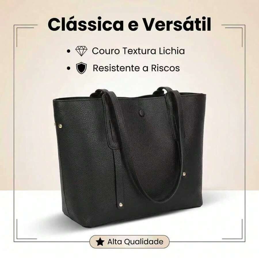 Women's Large Tote Bag, Elegant, Structured, Luxury, Minimalist, Long Shoulder Strap, Modern, Spacious, Fashionable, Casual, Chic, Executive, Work, College, Everyday Use, Textured, Durable, Versatile, Classic, Sophisticated, Large Capacity, Urban Style, Comfortable, Premium - 黑色 - 查看 1