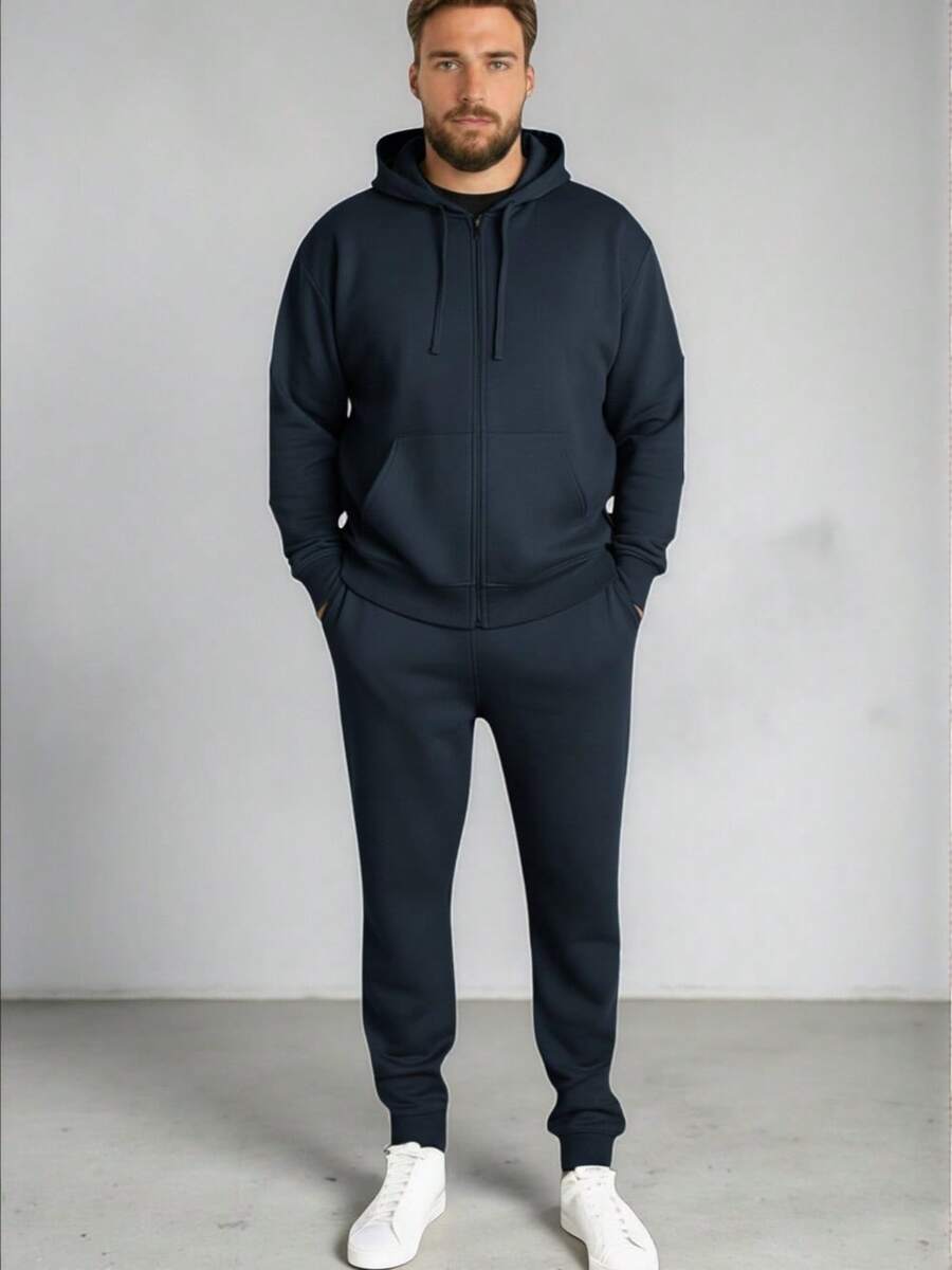 CONJUNTO ECONOMICO CASUAL PARA HOMBRE CON BOLSAS LATERALES CON CAPUCHA AJUSTABLE Y PANTALON TIPO JOGGER - Azul Marino - Ver 1