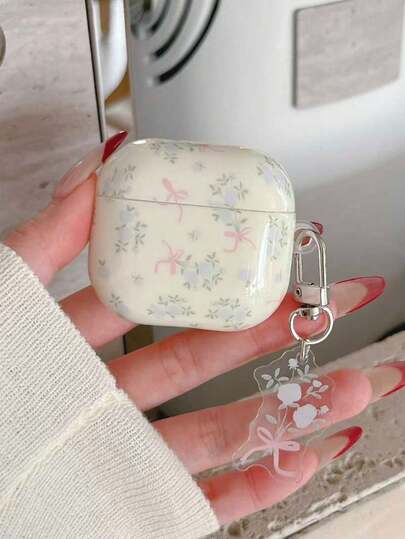 1 pieza Nuevo estuche de auriculares inalámbricos Bluetooth con lazo floral azul y colgante, estilo de dibujos animados de moda, compatible con Apple 1/2/3/4, cubierta protectora anti-pérdida, estilo japonés Kawaii