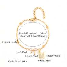 1件装时尚简约字母蝴蝶结吊坠金色不锈钢珠链手链（女士款） - 金黃色 - 查看 2