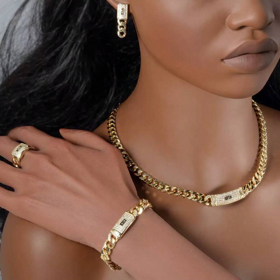 男士6毫米不锈钢项链，14K镀金链，镶嵌锆石，钛钢扣，节日礼物 - 款式1 - 查看 1