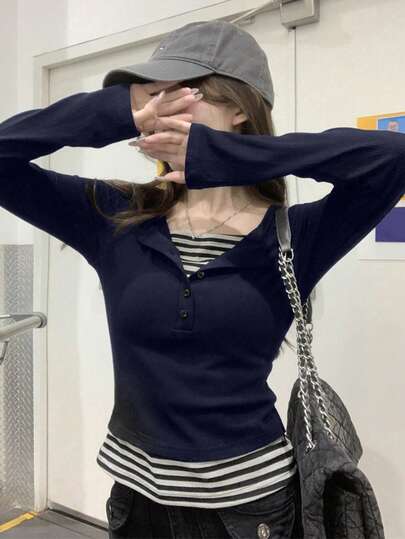 女士修身撞色条纹拼接纽扣设计休闲T恤