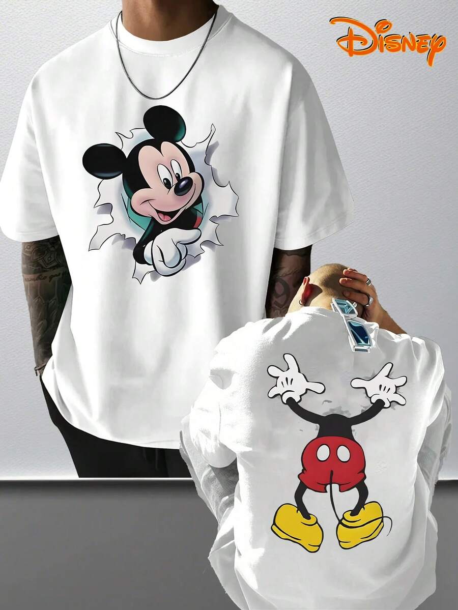 Disney Men's Casual T-Shirt, Double-Sided Mickey Mouse Print, Funny Breakthrough Design, Comfortable Soft Fabric, Ideal For Fans & Daily Wear - 白色 - 查看 1