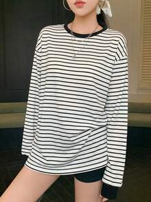 2026 女士休闲度假黑白条纹长袖T恤，宽松圆领舒适上衣，春秋季 - 2A23黑白條 - 查看 4