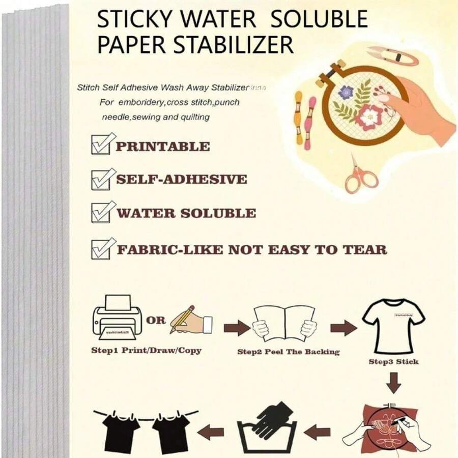 3pcs 8.3*11.8 Inch Water-Soluble Embroidery Stabilizer, Printable Self-Adhesive Washable Stabilizer Suitable For Hand Or Machine Embroidery, Printing Or Drawing - A - View 1