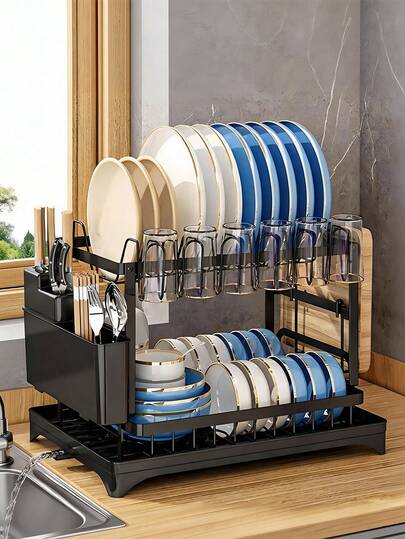 2 Tier Dish Rack Plate Cup Drying Drainer Storage Drip Tray Cutlery Holder Home Kitchen Organizer Carbon 2 Tier Large Dish Drying Rack For Kitchen Counter With Drainboard Stainless Steel Dish Drainer For Dish/Knifes/Cup/Cutting Board, Black