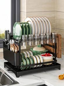 Escurridor de 2 niveles, estante de almacenamiento de acero al carbono para encimera de cocina con bandeja de goteo, negro - Multicolor - Ver 6