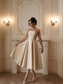 YUMIBRAVO 芭蕾舞风格婚纱、缎面新娘礼服、褶皱胸线白色婚纱、新娘生日派对礼服、吊带女士晚礼服、优雅正式礼服 - 香檳金 - 查看 3