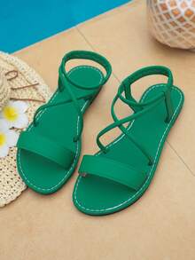 新款时尚平底凉鞋，夏季编织露趾平底凉鞋，舒适休闲鞋，时尚露趾设计，透气百搭，适合各种场合。时尚简约舒适交叉绑带平底凉鞋，有黑色、米色、卡其色、绿色可选。防滑、轻便、舒适。 - 綠色 - 查看 9