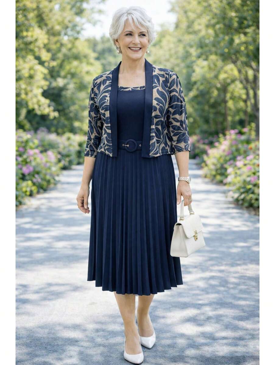 Dress Set With Cardigan, Printed And Plain, Party Outfit For Ladies, Conferences, Plus Size. - 藍色 - 查看 1