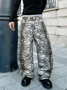 1pc American Vintage Zebra Print Loose Denim Jeans |   Street Hip-Hop Fashion, Non-Stretch Fabric, Regular Length, All-Season, Pocket Details, Belt Not Included - 風格 - 查看 2