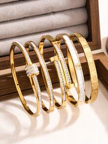 5pcs/Set /1 Pc New High Quality Minimalist Elegant Luxury Bangle Bracelets, Titanium Steel Bracelet With High-End Vibe For Women - Gold - View 1
