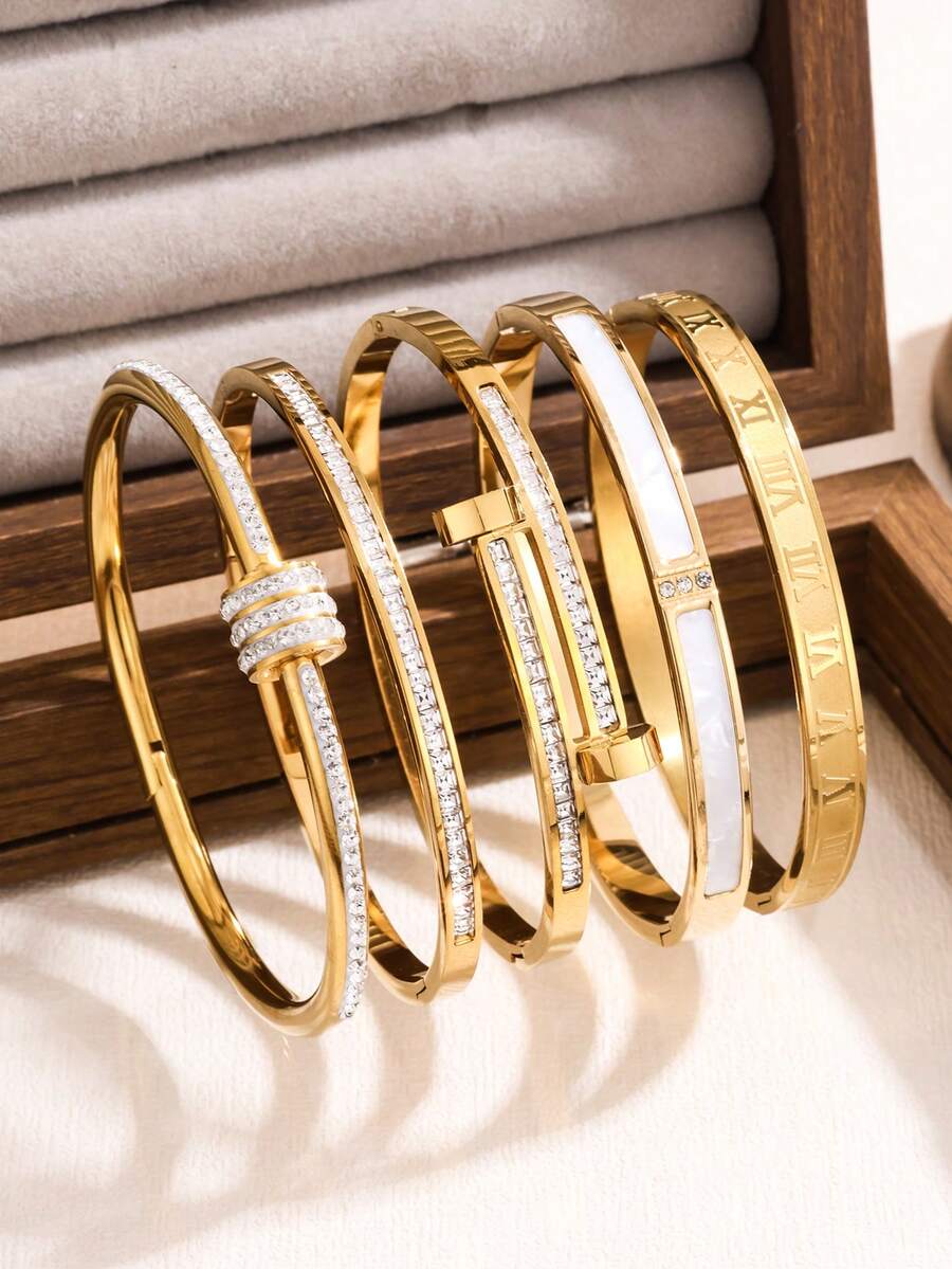 5pcs/Set /1 Pc New High Quality Minimalist Elegant Luxury Bangle Bracelets, Titanium Steel Bracelet With High-End Vibe For Women - Gold - View 1